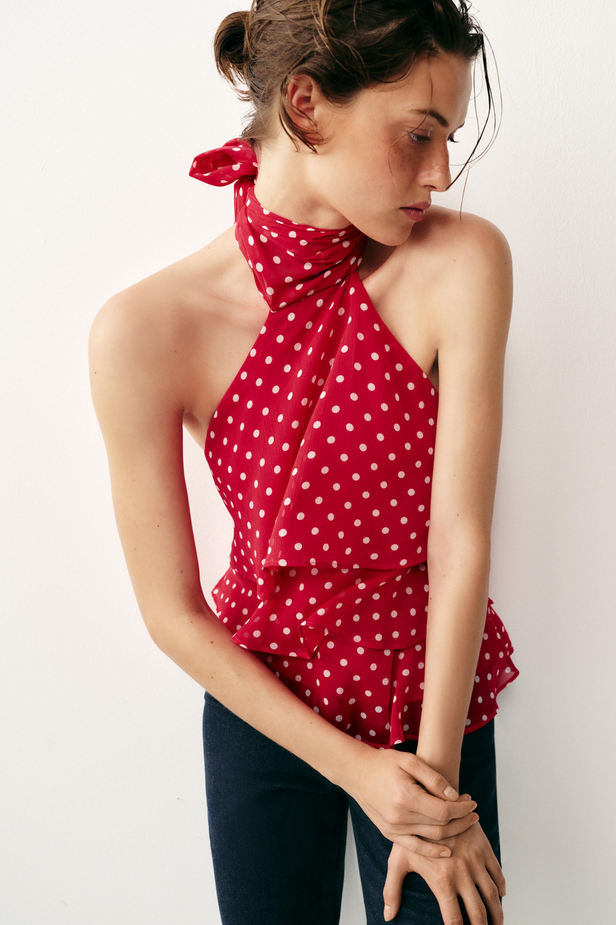 RUFFLED POLKA DOT HALTER TOP